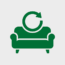 Logo sans texte d’un canapé vert stylisé avec une flèche circulaire, représentant une boutique en ligne de meubles usagés livrés à Montréal.